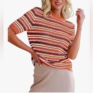 NEW Orange Crewneck Short Sleeve Striped Knit Hollow Out Sweater Shirt Blouse L